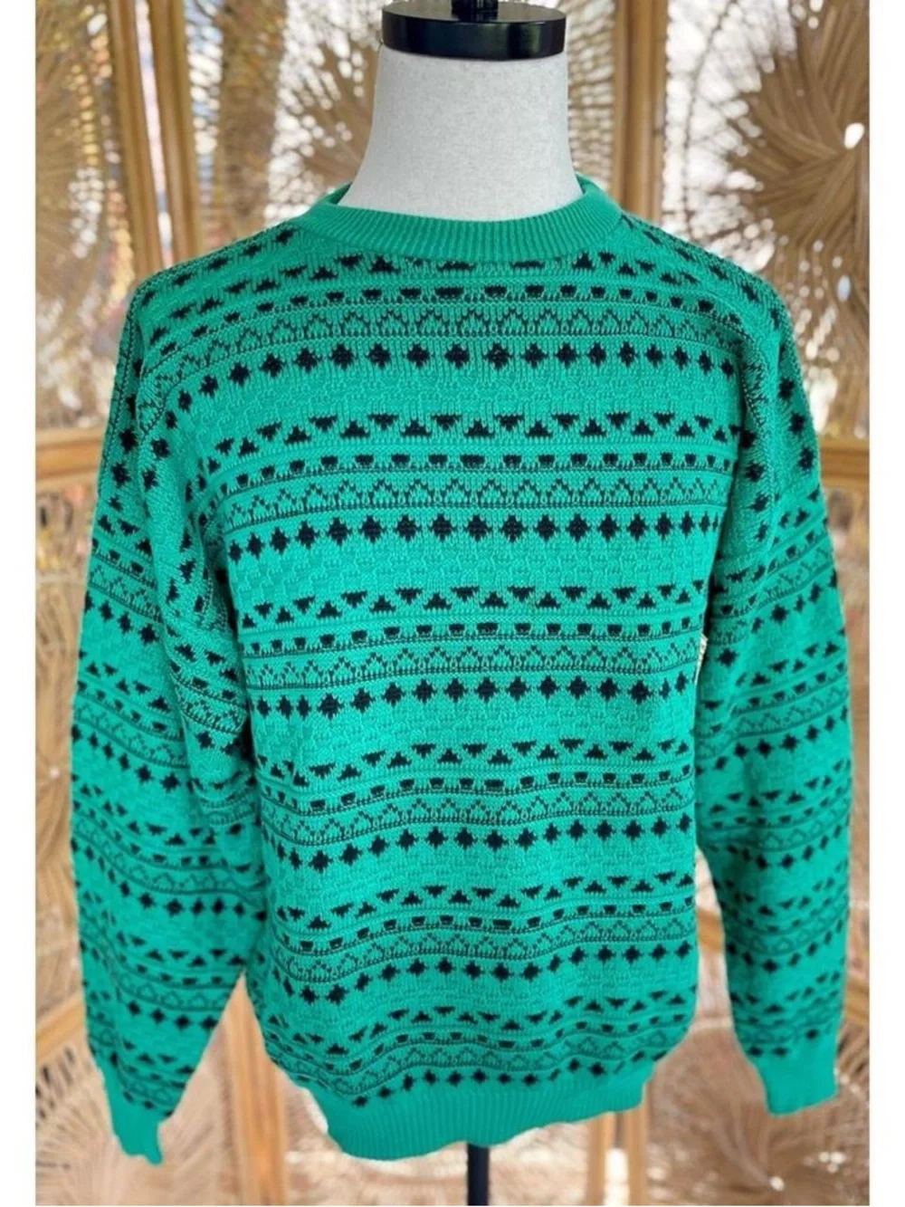 80s 90s Eric Rhodes Green Black Knit Sweater Classic Retro Geometric Nordic L